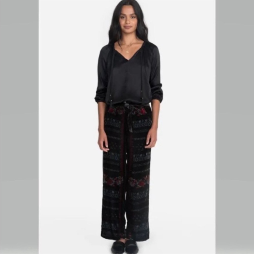 Johnny Was Feza Velvet Wide Leg Floral Print Pants in Black Sz M